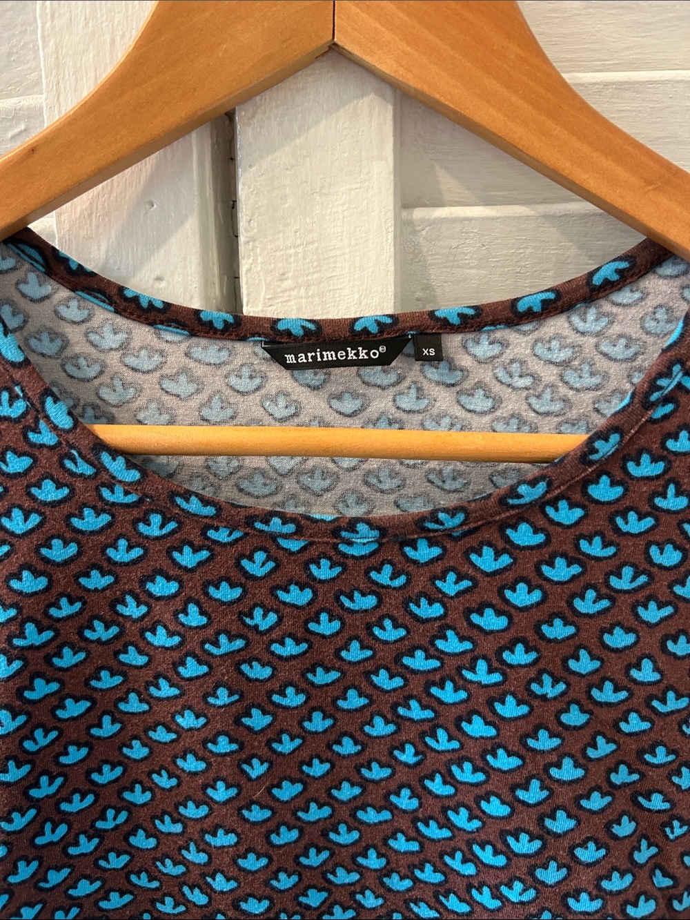 Marimekko Brown Tunic with Bright Blue Floral Motif and Pockets